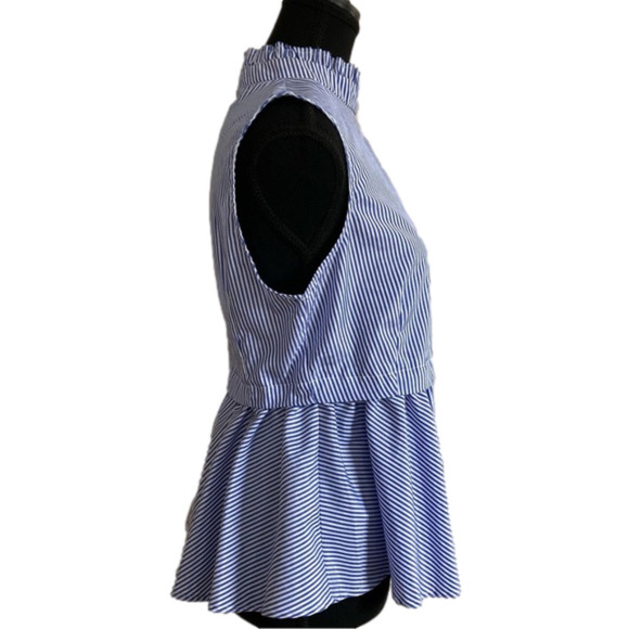 CI Sono blue & white pinstripe high collar sleeveless peplum blouse. Size M - Picture 3 of 9